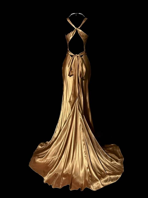 Vintage Mermaid V Neck Gold Satin Floor Length Prom Dresses Party Dress 21st Birthday Outfits Graduation Dress AU337