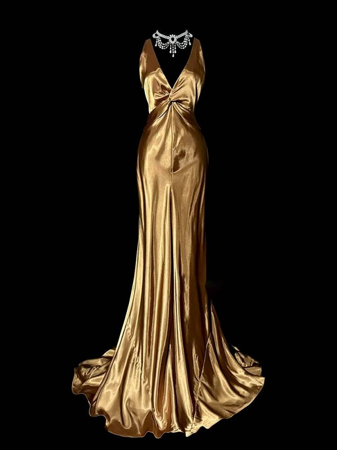 Vintage Mermaid V Neck Gold Satin Floor Length Prom Dresses Party Dress 21st Birthday Outfits Graduation Dress AU337