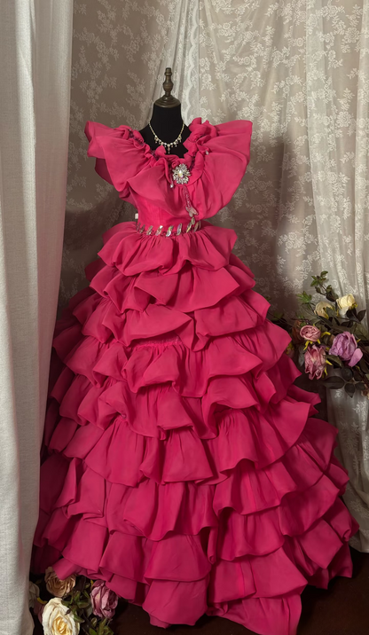 Princess Ball Gown V Neck Hot Pink With Ruffles Ruched Long Aesthetic Quinceanera Dresses Sweet 15 16 Birthday Gown AU337
