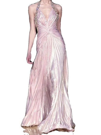 Vintage A Line Halter V Neck Pink Floor Length Prom Dresses Party Dress 21st Birthday Outfits Graduation Dress AU338