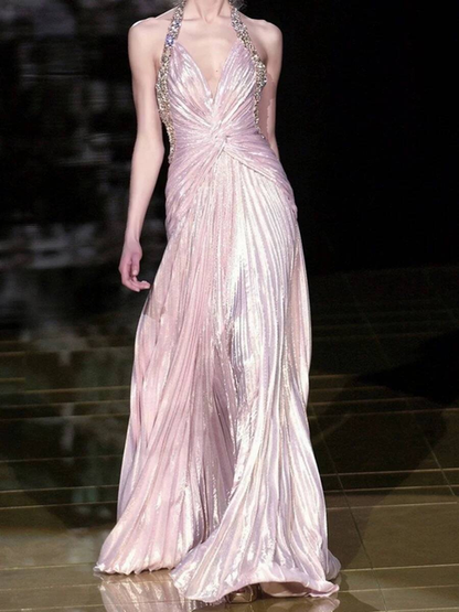 Vintage A Line Halter V Neck Pink Floor Length Prom Dresses Party Dress 21st Birthday Outfits Graduation Dress AU338