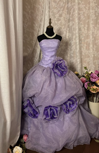 Princess Ball Gown Strapless Lilac Sleeveless With Ruffles Ruched Long Aesthetic Quinceanera Dresses Sweet 15 16 Birthday Gown AU338