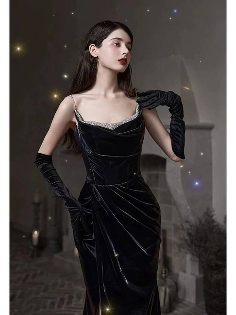Sexy Mermaid Strapless Black Long Velvet Prom Dress Inspiration Party Formal Gown Prom Dresses AU339