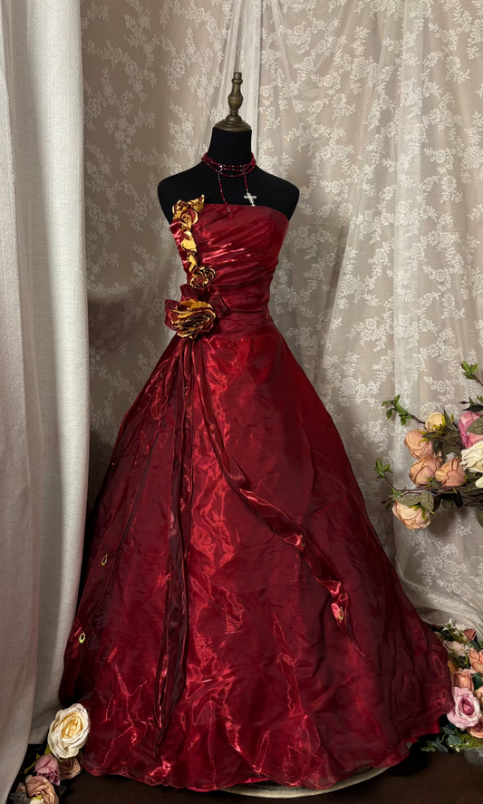 Princess Ball Gown Strapless Burgundy Dark Red With Ruffles Ruched Long Aesthetic Quinceanera Dresses Sweet 15 16 Birthday Gown AU339