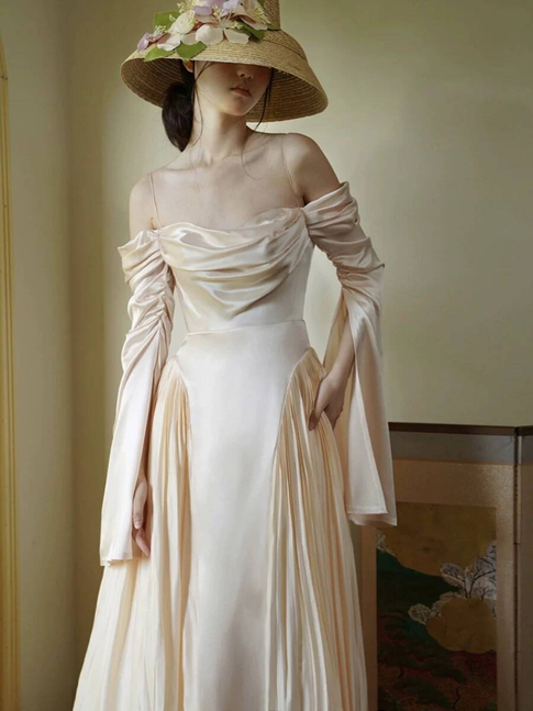 Vintage A Line Off The Shoulder Satin Floor Length Prom Dresses Party Dress 21st Birthday Outfits Graduation Dress AU340
