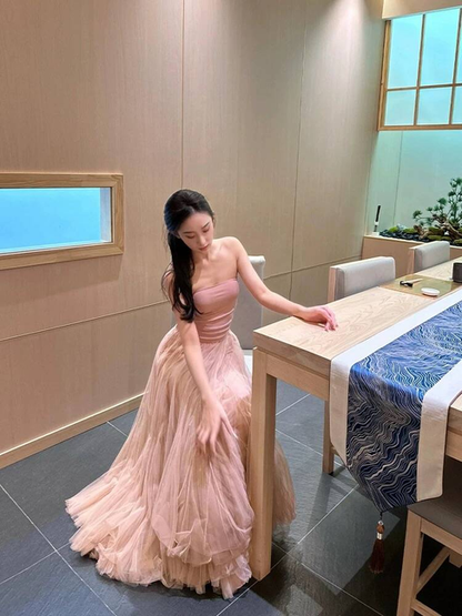 Modest Ball Gown Strapless Blush Pink Tulle Floor Length Prom Dresses Party Dress 21st Birthday Outfits Graduation Dress AU341
