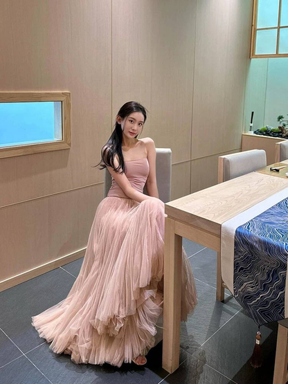 Modest Ball Gown Strapless Blush Pink Tulle Floor Length Prom Dresses Party Dress 21st Birthday Outfits Graduation Dress AU341