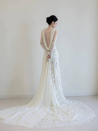 Simple Elegant Mermaid V Neck Lace Wedding Gown Long Fairytale Autumn Wedding Dresses AU344
