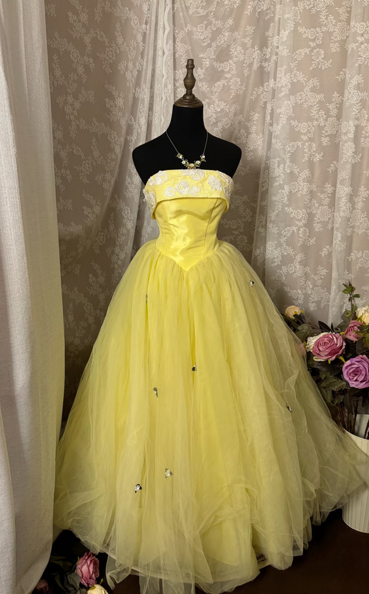Princess Ball Gown Strapless Yellow With Lace Appliqued Long Aesthetic Quinceanera Dresses Sweet 15 16 Birthday Gown AU345