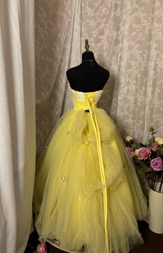 Princess Ball Gown Strapless Yellow With Lace Appliqued Long Aesthetic Quinceanera Dresses Sweet 15 16 Birthday Gown AU345