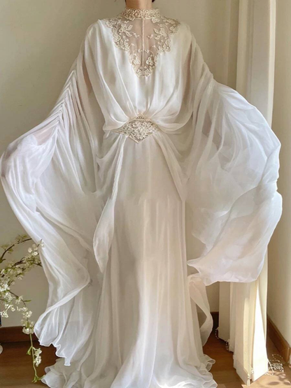 Vintage A line High Neckline Lace Chiffon Wedding Gown Long Fairytale Autumn Wedding Dresses AU346