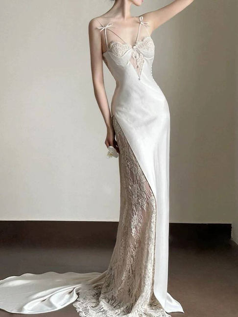 Modest Mermaid Spaghetti Straps Sleeveless White Lace Wedding Dress Brides Dresses Fairytale Wedding Gown AU347