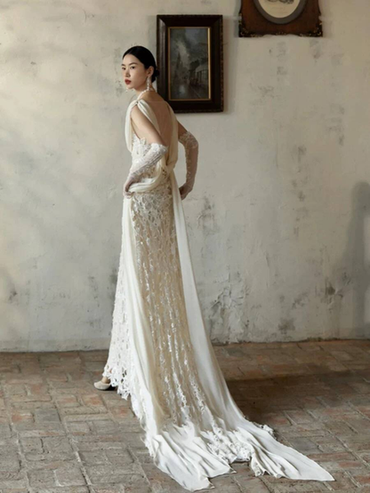 Modest Sheath V Neck Sleeveless White Lace Wedding Dress French Brides Dresses Fairytale Wedding Gown AU349