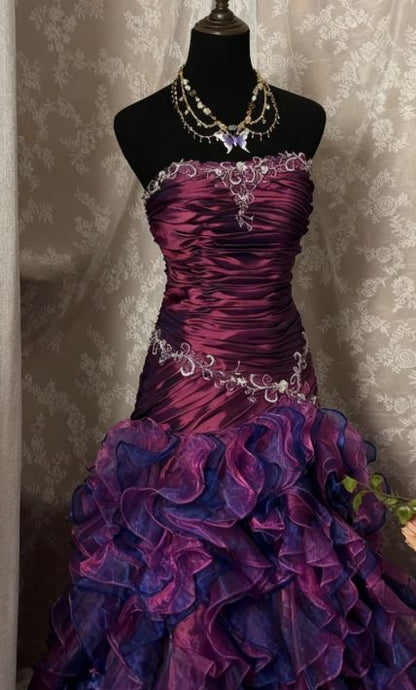 Vintage Prom Dress Outfit Mermaid Strapless Dark Purple Ruched Long 90s Prom Dresses Formal Evening Gown A350