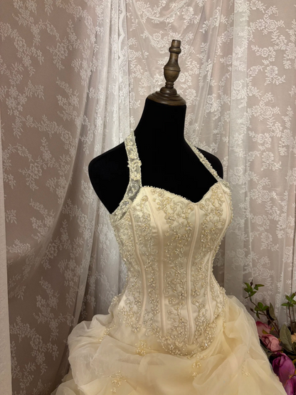 Vintage Elegant Ball Gown Halter Lace Appliqued 60s Ivory Multi Layers Long Bride Dress Long Bride Dress Classy Wedding Dresses AU351
