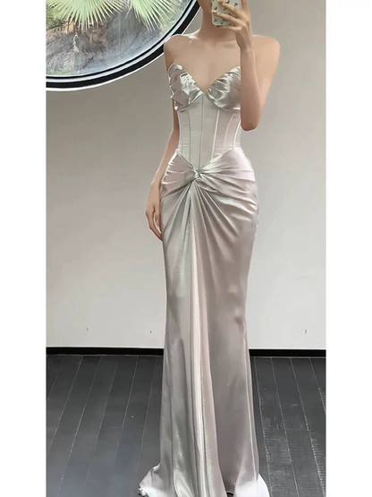 Simple Mermaid Sweetheart Satin Silver Floor Length Prom Dresses Party Dress 21st Birthday Outfits Graduation Dress AU352