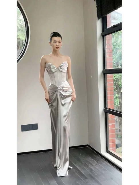 Simple Mermaid Sweetheart Satin Silver Floor Length Prom Dresses Party Dress 21st Birthday Outfits Graduation Dress AU352