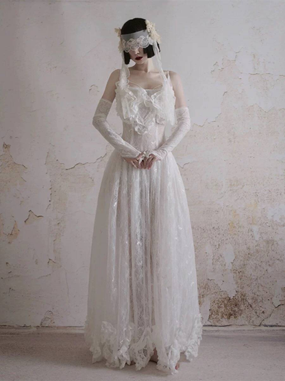 Modest Ball Gown Square Neck Sleeveless White Lace Wedding Dress French Brides Dresses Fairytale Wedding Gown AU353