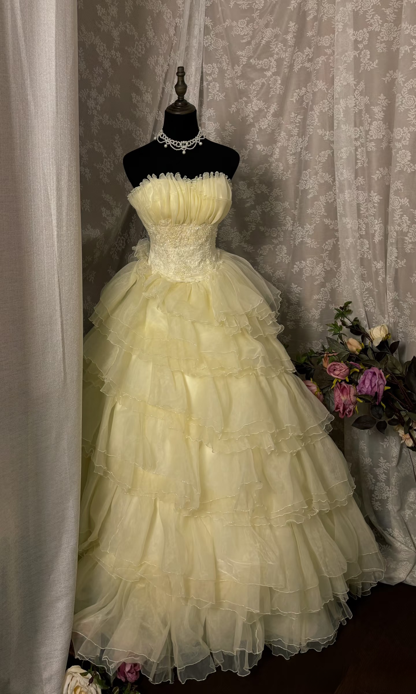 Princess Ball Gown Strapless Yellow With Lace Appliqued Long Aesthetic Quinceanera Dresses Sweet 15 16 Birthday Gown AU354
