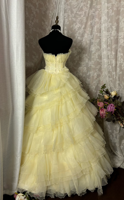 Princess Ball Gown Strapless Yellow With Lace Appliqued Long Aesthetic Quinceanera Dresses Sweet 15 16 Birthday Gown AU354