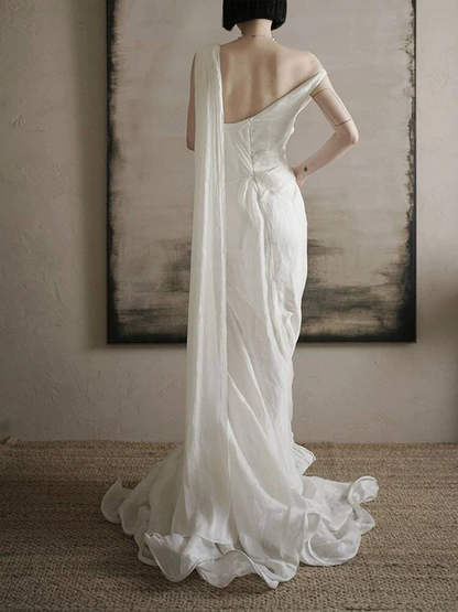 Vintage Mermaid V Neckline White Wedding Gown Long Fairytale Autumn Wedding Dresses AU357