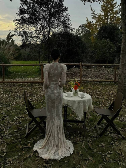 Sexy Mermaid High Neck Long Sleeves Lace White Wedding Dress French Brides Dresses Fairytale Wedding Gown AU359