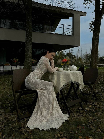 Sexy Mermaid High Neck Long Sleeves Lace White Wedding Dress French Brides Dresses Fairytale Wedding Gown AU359