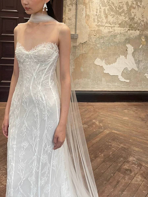 Vintage Mermaid Sweetheart Lace White Wedding Gown Long Fairytale Autumn Wedding Dresses AU360