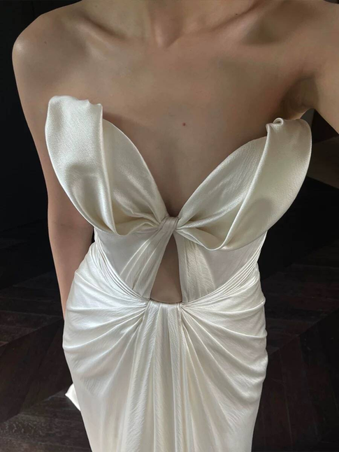 Sexy Mermaid Sweetheart Long Satin White Wedding Dress French Brides Dresses Fairytale Wedding Gown AU361