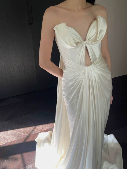 Sexy Mermaid Sweetheart Long Satin White Wedding Dress French Brides Dresses Fairytale Wedding Gown AU361