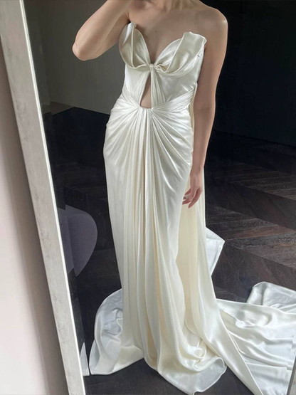 Sexy Mermaid Sweetheart Long Satin White Wedding Dress French Brides Dresses Fairytale Wedding Gown AU361