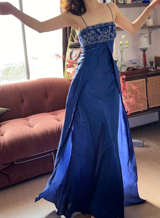 Vintage Prom Dress Outfit A Line Spaghetti Strap With Silver Beaded Long 90s Prom Dresses Formal Evening Gowns AU361