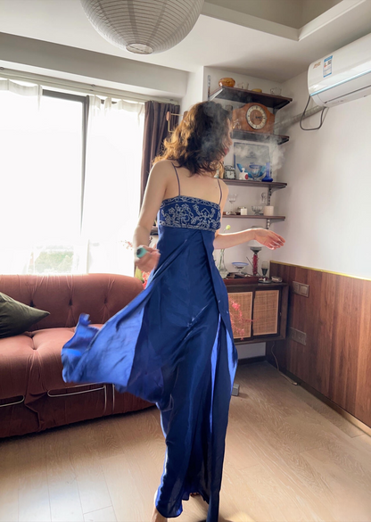 Vintage Prom Dress Outfit A Line Spaghetti Strap With Silver Beaded Long 90s Prom Dresses Formal Evening Gowns AU361
