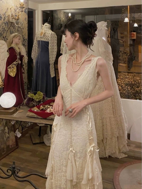 Vintage Mermaid V Neck Lace Off White Wedding Gown Long Fairytale Autumn Wedding Dresses AU362