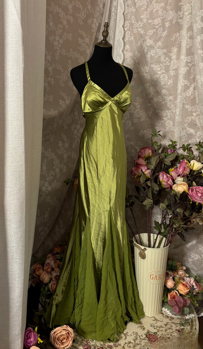 Vintage Mermaid V Neck Olive Green Satin Backless Cross Straps Long Prom Dresses Formal Party Teens Evening Gowns AU362