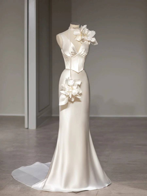 Vintage Mermaid V Neck Satin White Wedding Gown Long Fairytale Bride Gown Wedding Dresses AU363