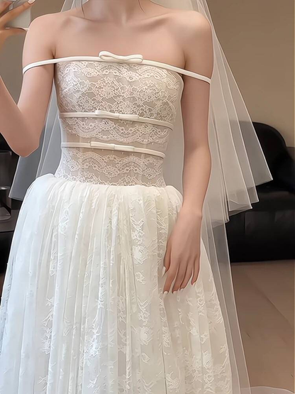 Simple A line Strapless Long Tulle White Wedding Dress French Brides Dresses Fairytale Wedding Gown AU364