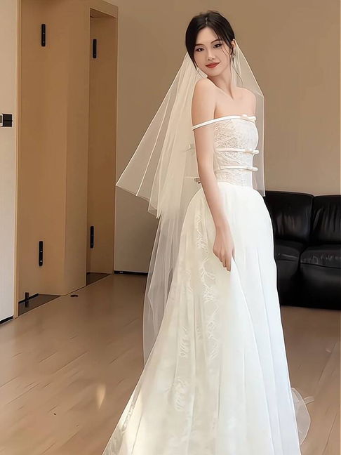 Simple A line Strapless Long Tulle White Wedding Dress French Brides Dresses Fairytale Wedding Gown AU364