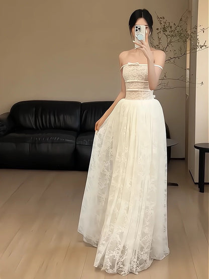 Simple A line Strapless Long Tulle White Wedding Dress French Brides Dresses Fairytale Wedding Gown AU364
