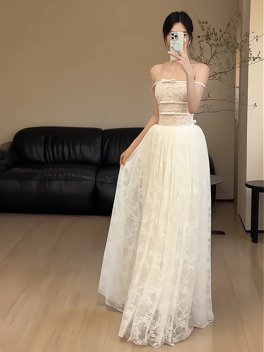 Simple A line Strapless Long Tulle White Wedding Dress French Brides Dresses Fairytale Wedding Gown AU364