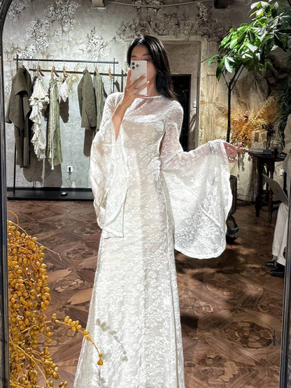 Vintage Mermaid Scoop Lace White Wedding Gown Long Sleeves Fairytale Bride Gown Wedding Dresses AU366
