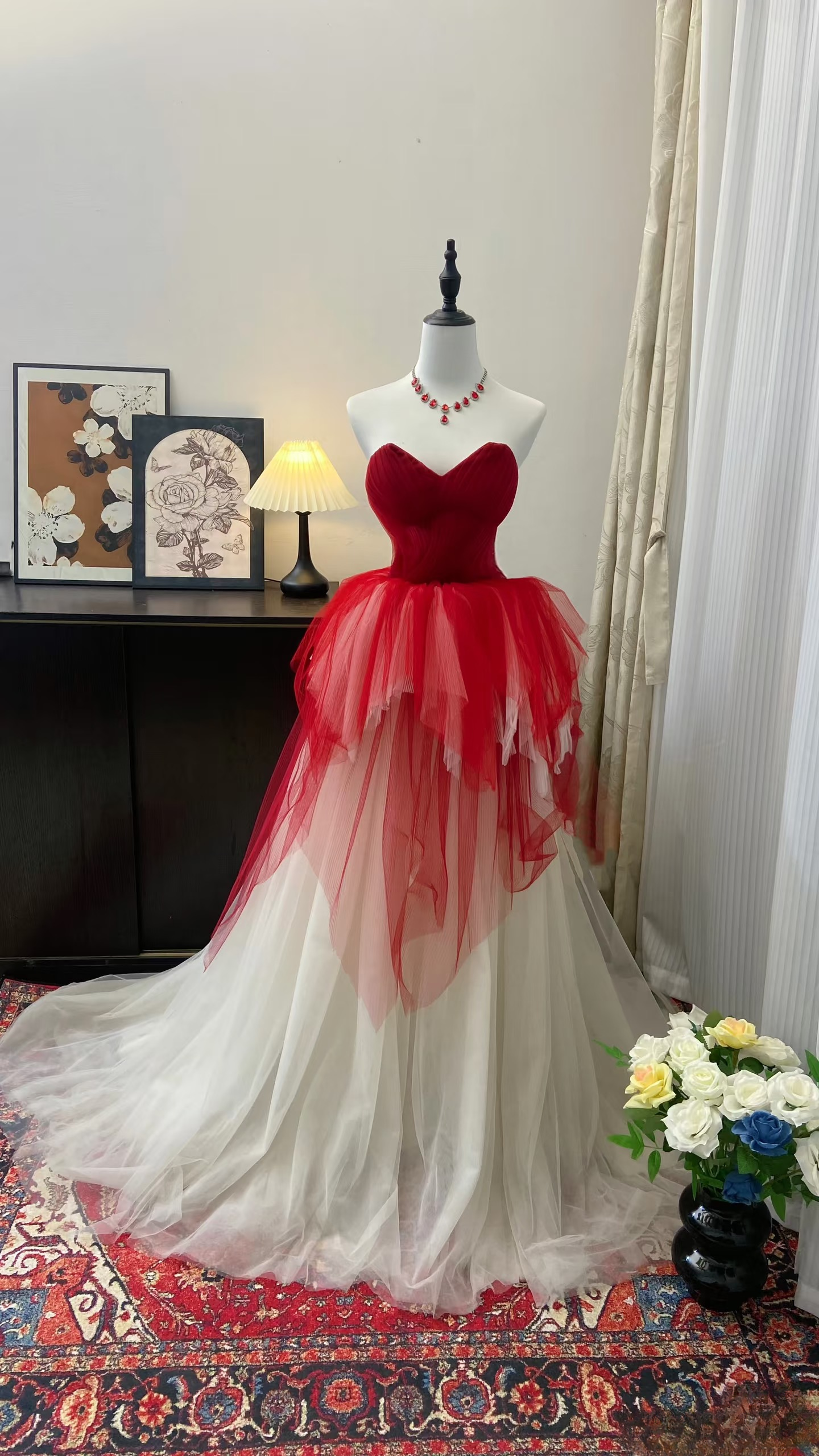 Vintage Prom Dress Outfit Ball Gown Sweetheart Red And White Tulle Long 90s Prom Dresses Formal Evening Gowns AU366