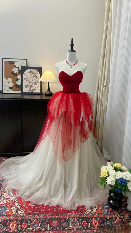 Vintage Prom Dress Outfit Ball Gown Sweetheart Red And White Tulle Long 90s Prom Dresses Formal Evening Gowns AU366