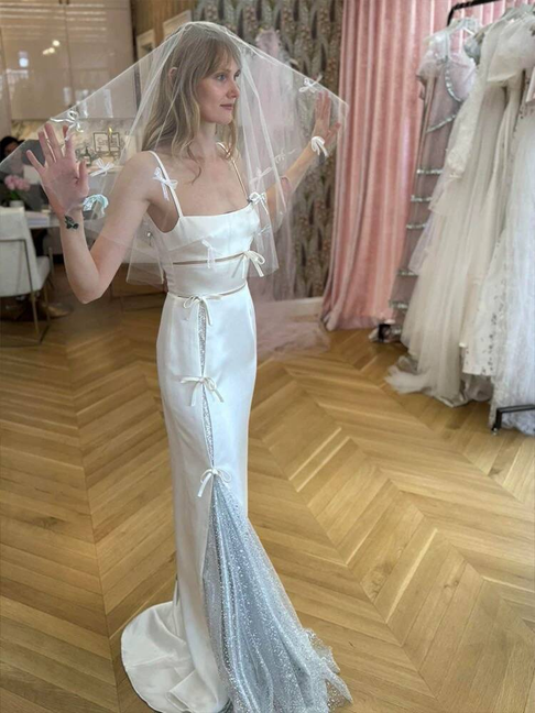 Simple Mermaid Spaghetti Straps Long Satin White Wedding Dress French Brides Dresses Fairytale Wedding Gown AU367