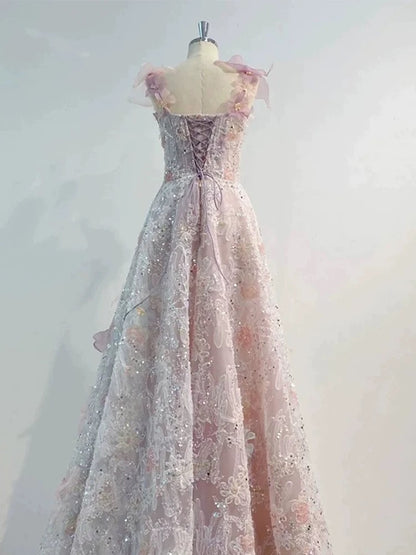 Modest Prom Dress Outfit Ball Gown Sweetheart Pink Lace Floral Tulle Long Prom Dresses Formal Evening Gowns AU368