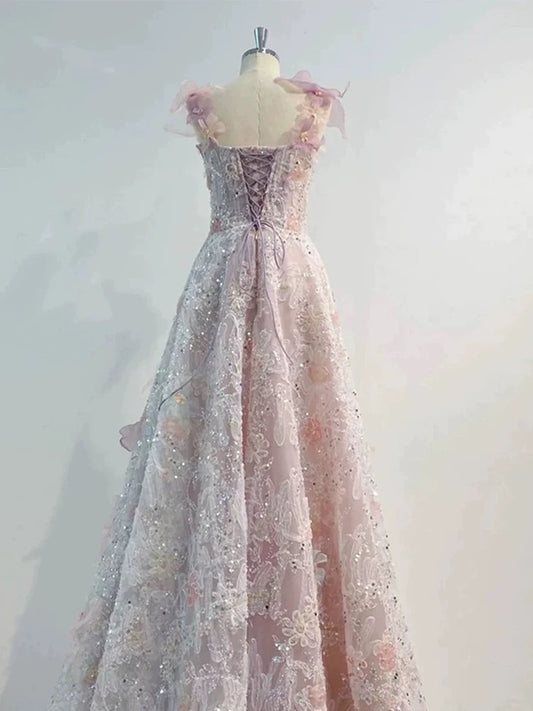 Modest Prom Dress Outfit Ball Gown Sweetheart Pink Lace Floral Tulle Long Prom Dresses Formal Evening Gowns AU368