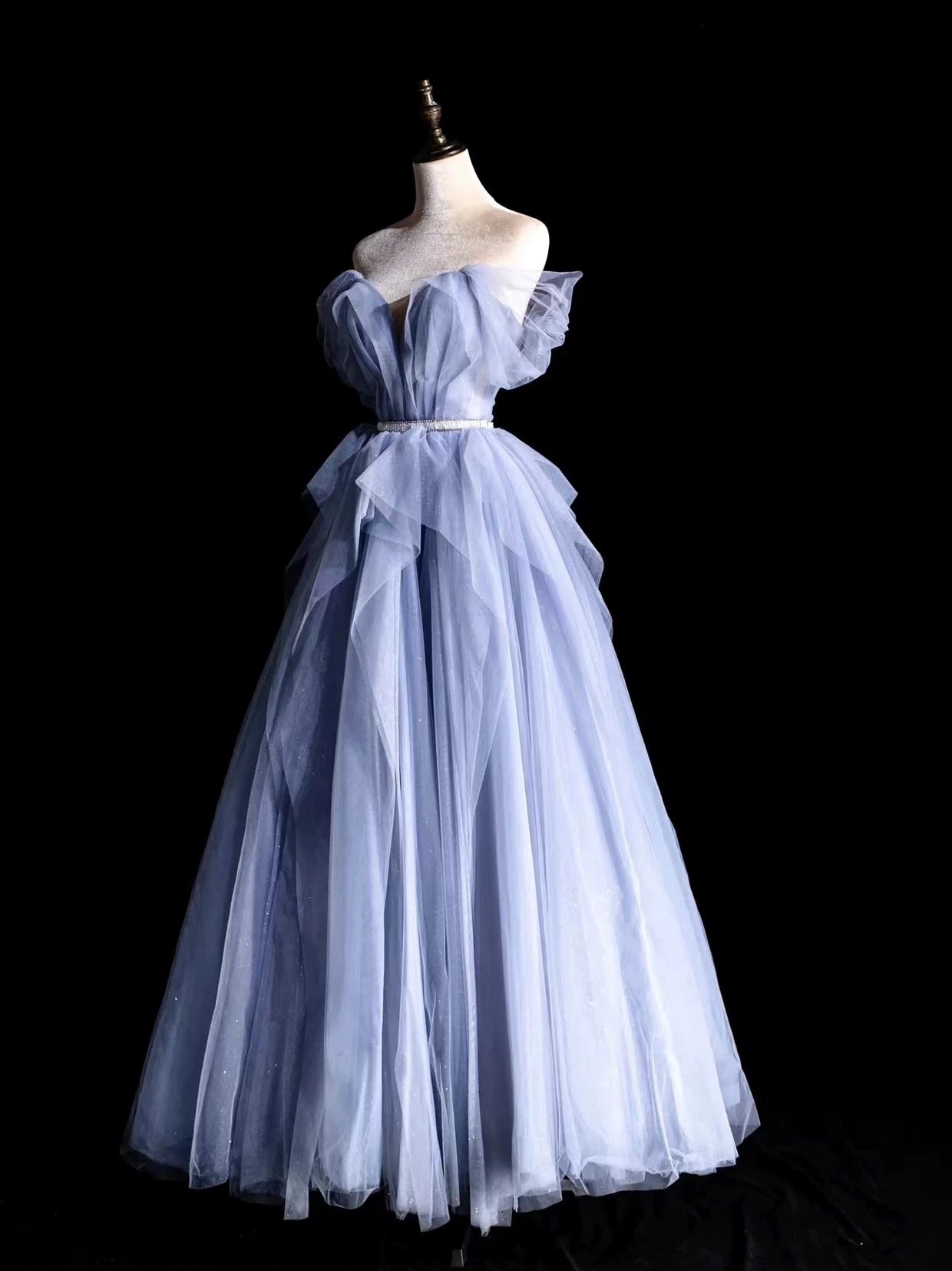Modest Prom Dress Outfit Ball Gown Off The Shoulder Blue Tulle Long Prom Dresses Formal Evening Gowns AU369