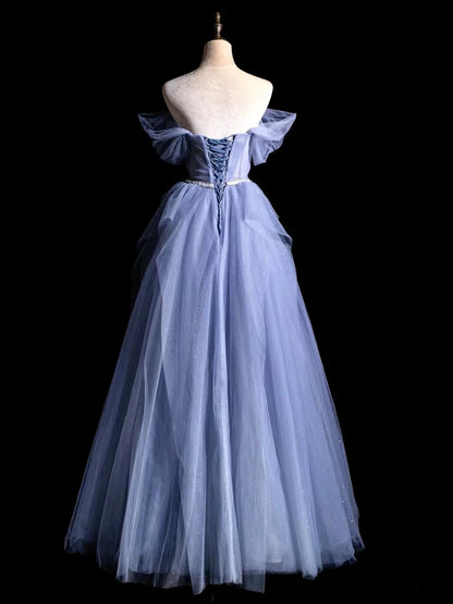 Modest Prom Dress Outfit Ball Gown Off The Shoulder Blue Tulle Long Prom Dresses Formal Evening Gowns AU369
