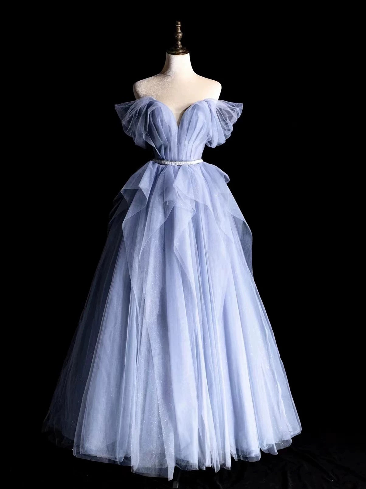 Modest Prom Dress Outfit Ball Gown Off The Shoulder Blue Tulle Long Prom Dresses Formal Evening Gowns AU369