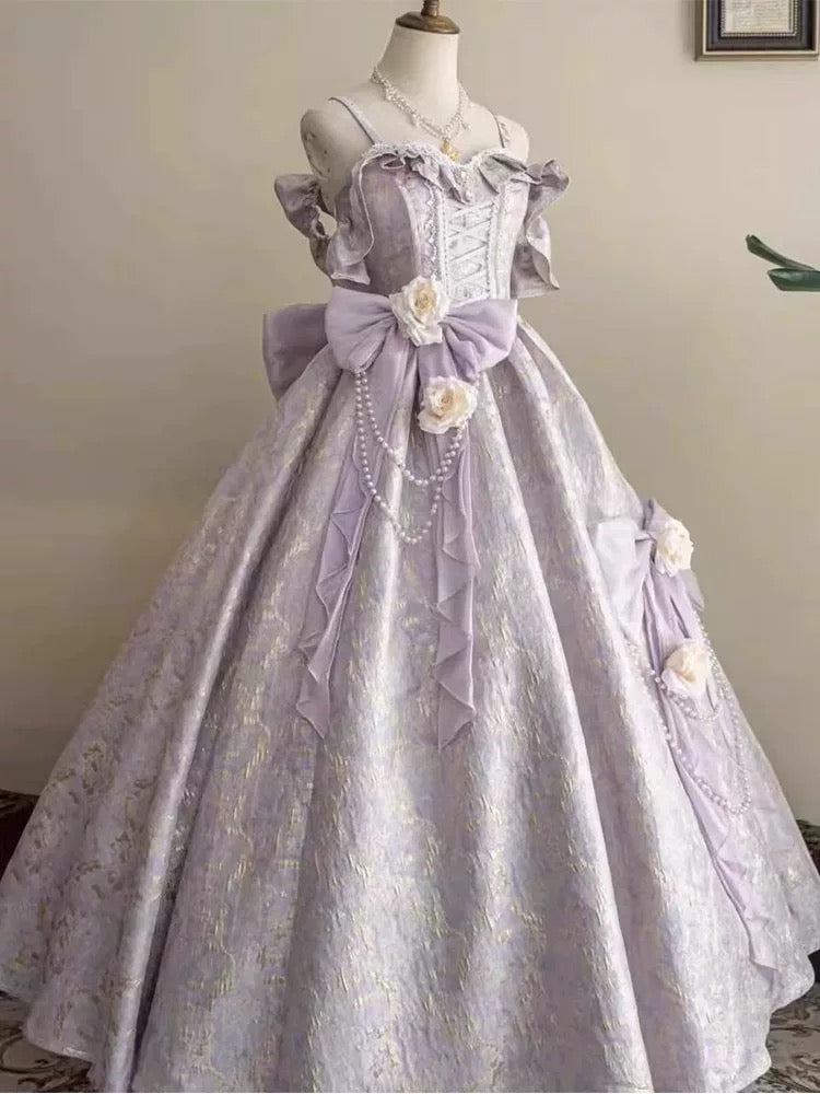 Vintage Prom Dress Outfit Ball Gown Spaghetti Strap Lilac Lace Long Prom Dresses Formal Evening Gowns AU370